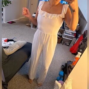 White Ruffle Double Back Tie Jumpsuit